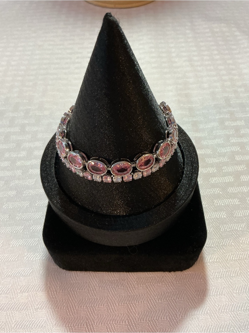 Pink Lab Created & Pink and Clear Rhinestone Silver Tone Line Bracelets